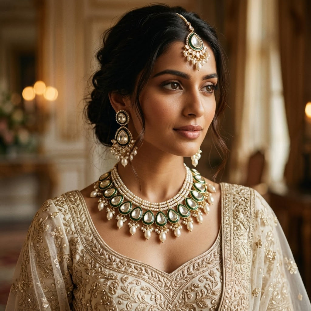 Green Meenakari Pearl Necklace Set worn by model