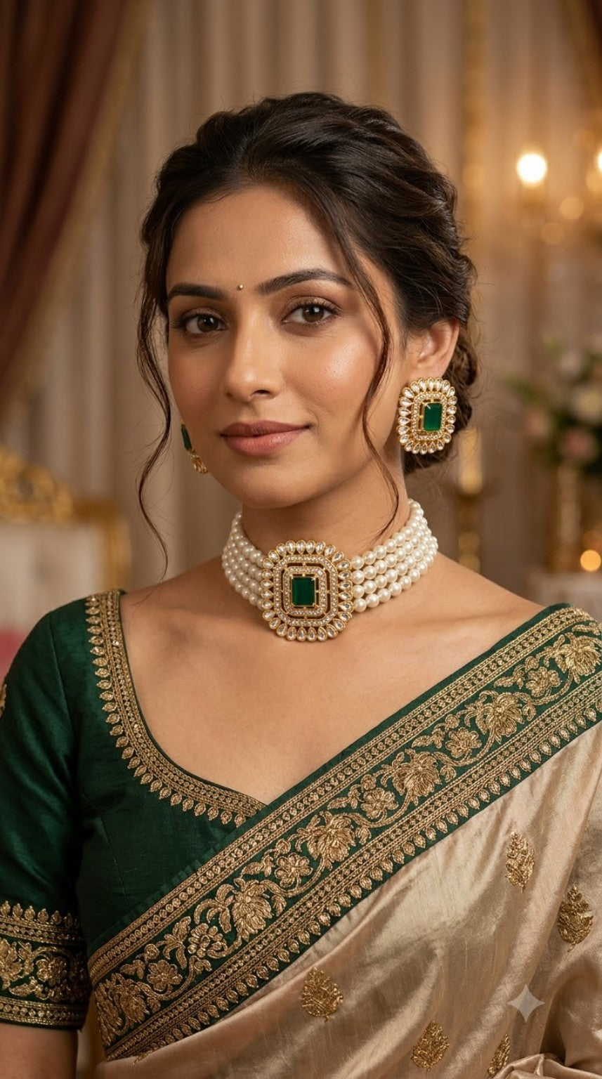 Green Kundan Pearl Jewellery Set worn by model