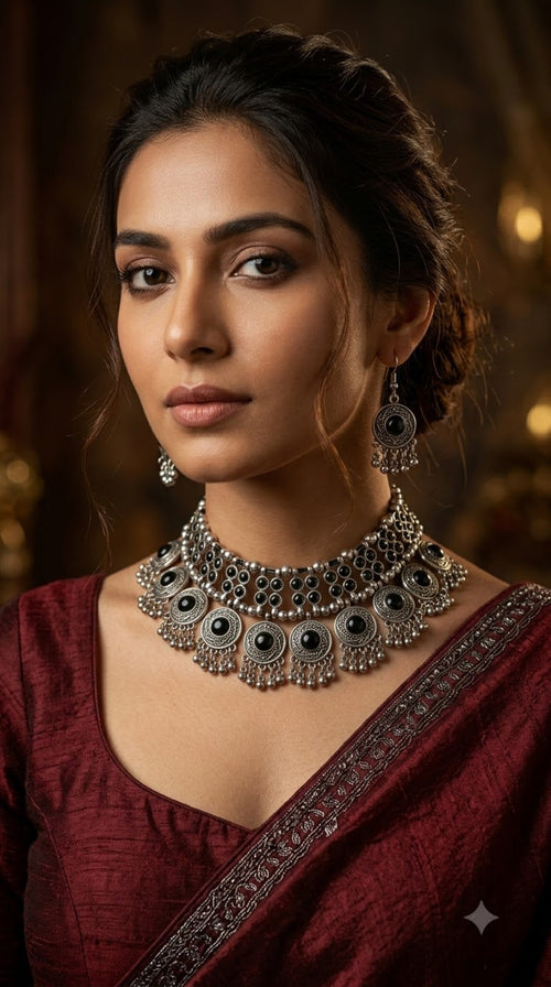 Black Oxidised Silver Choker Set worn by model
