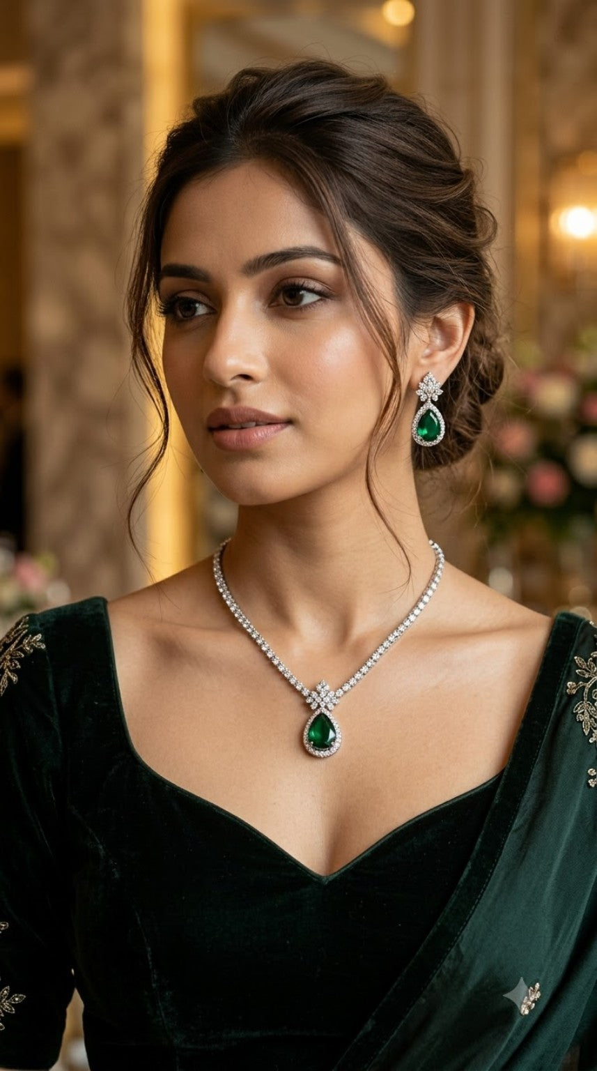 Emerald Green Necklace and Earrings Set worn by model