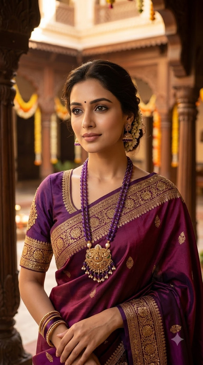 Purple Beaded Designer Necklace worn by model