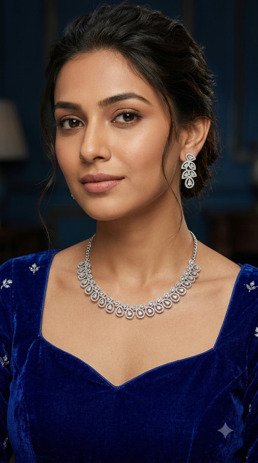 Rhodium Plated White Stone Necklace Set worn by model
