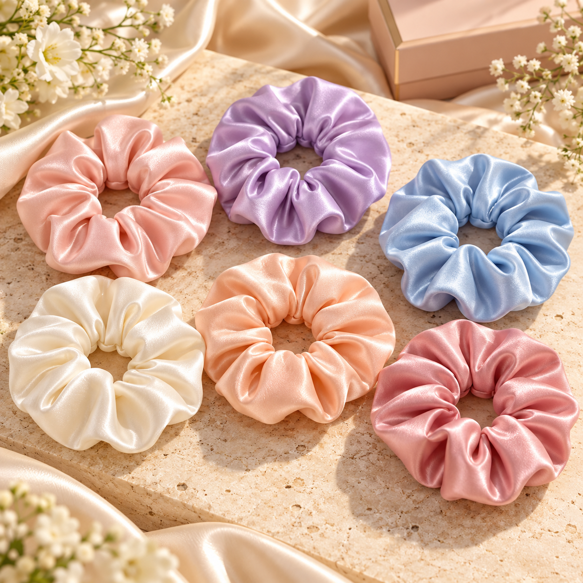 Pack of 6 Pastel Satin Scrunchies