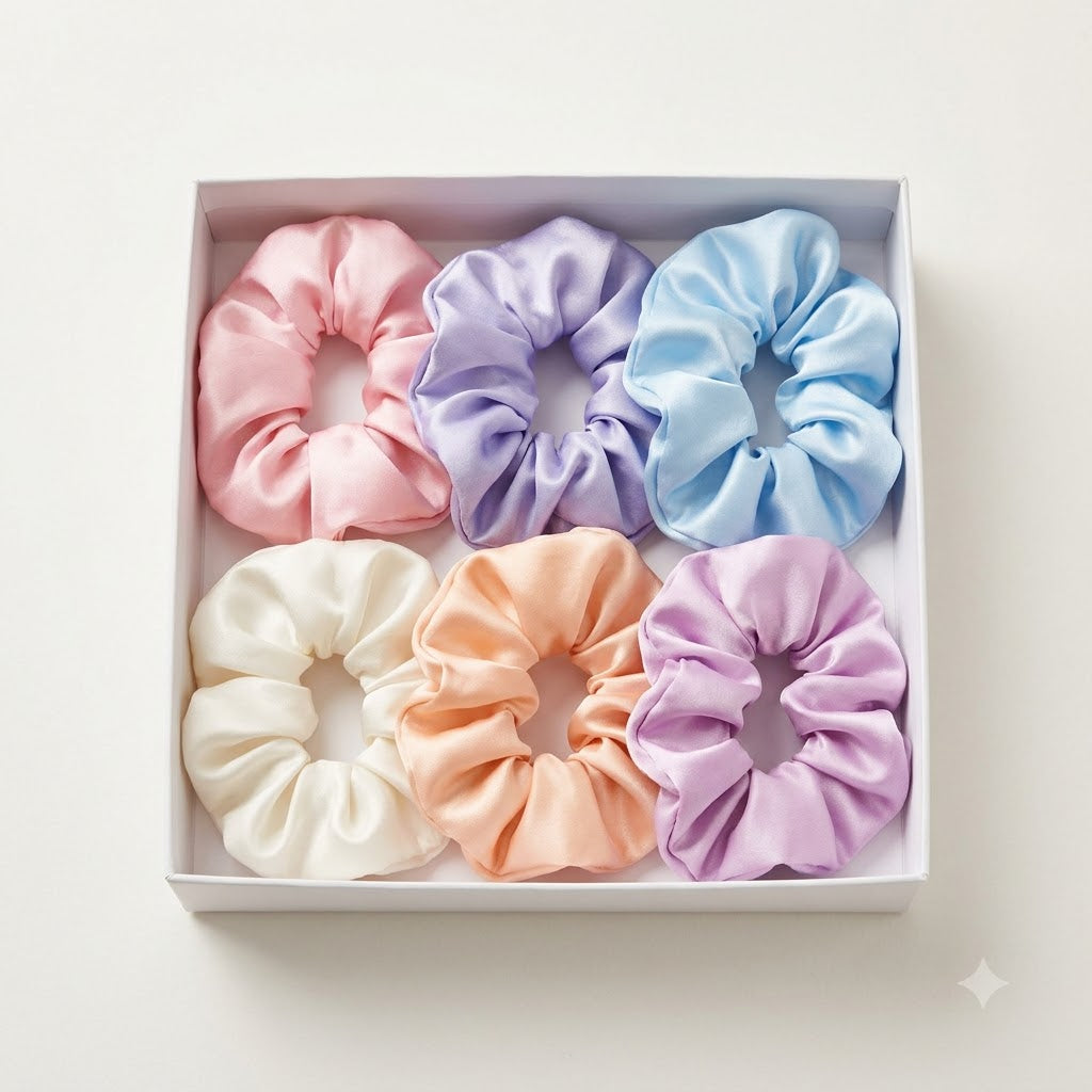 Six pastel satin scrunchies displayed in a gift box
