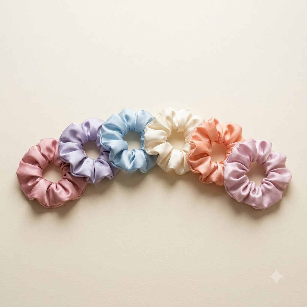 Six pastel satin scrunchies in a lifestyle setting