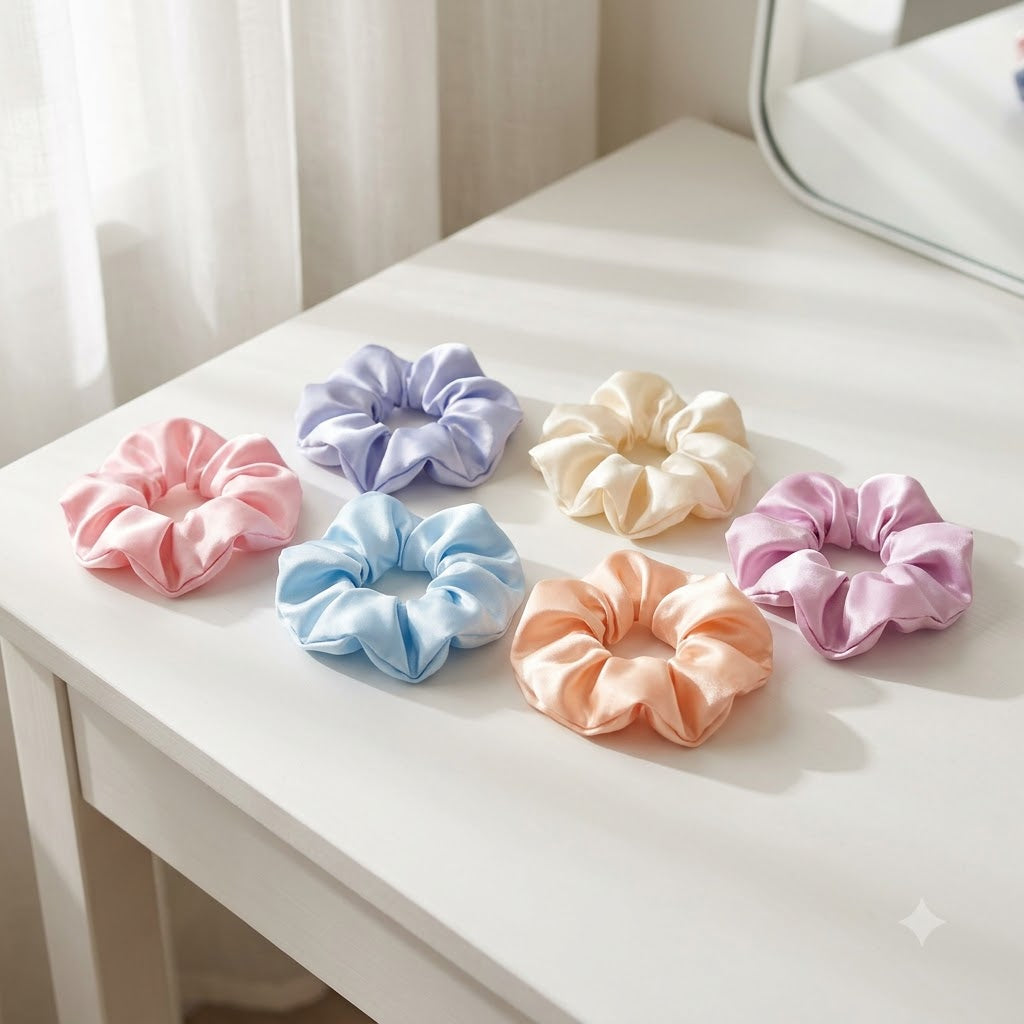 Pack of six satin scrunchies arranged neatly