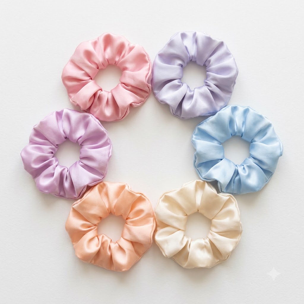 Six pastel satin scrunchies flat lay