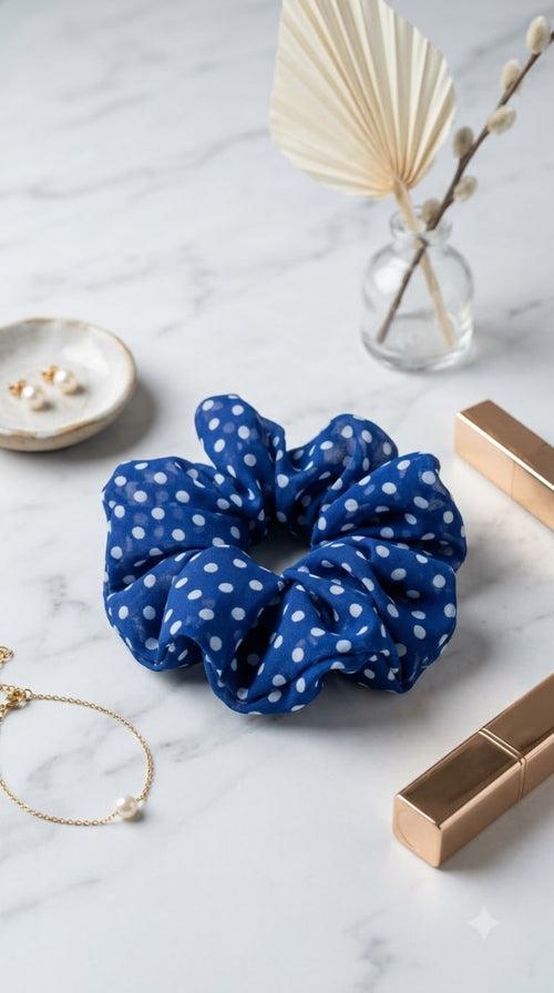 Blue and white polka dot scrunchies pack of 6