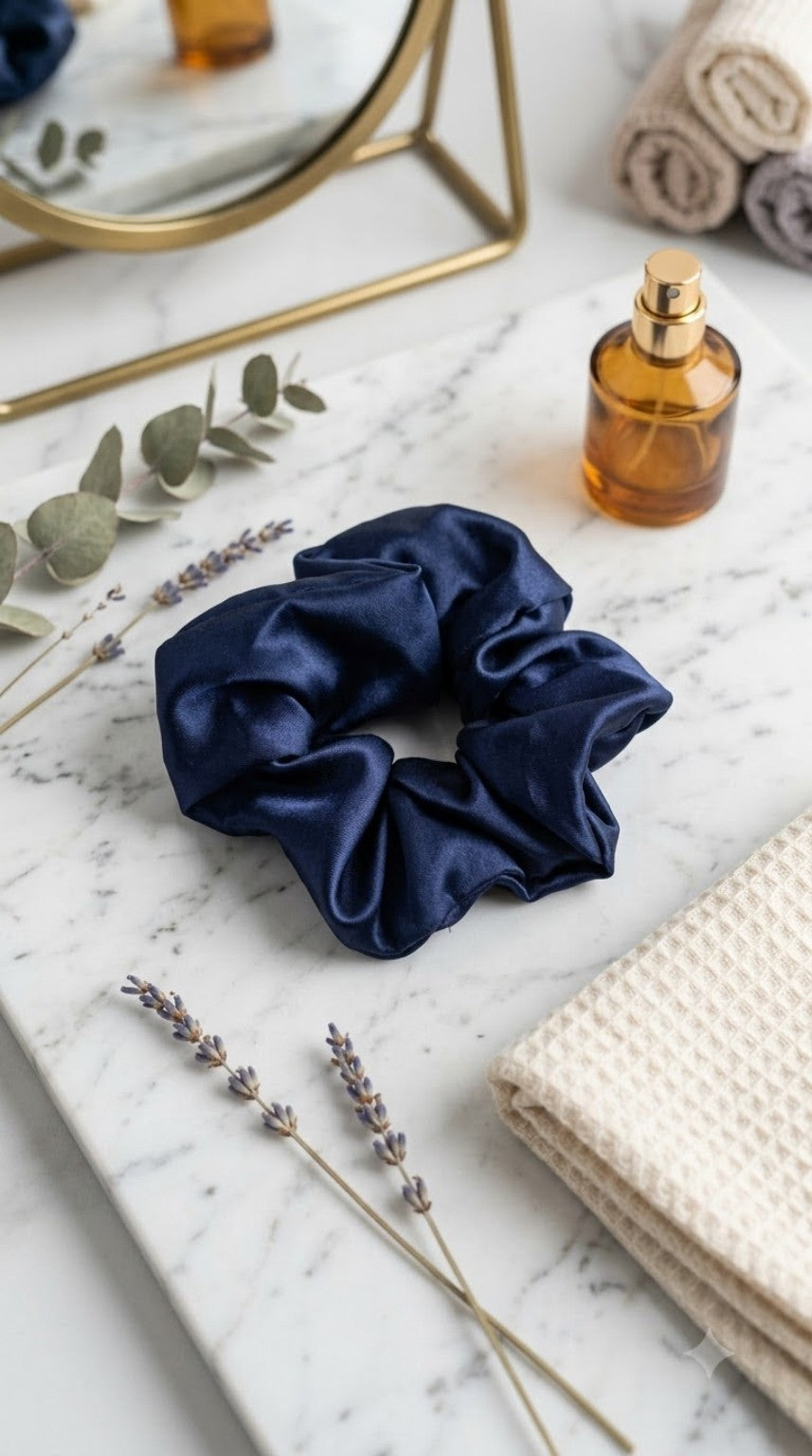 Navy Satin Scrunchie